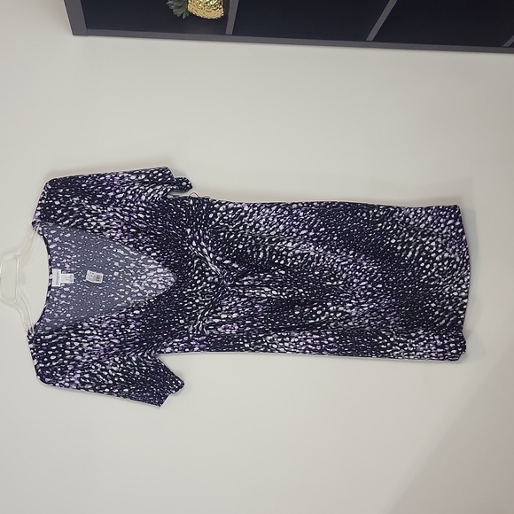 MOTHERHOOD MATERNITY "Black Diamond" Black White Purple Faux Wrap Midi Dress - Picture 1 of 9